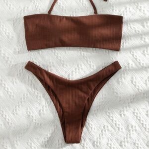 Brown Ribbed Bikini Set